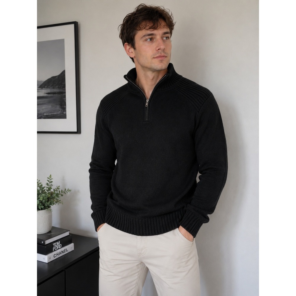 Guess Mens Quarter Zip Sweater Small Black Ribbed Knit Pullover NWT Classic